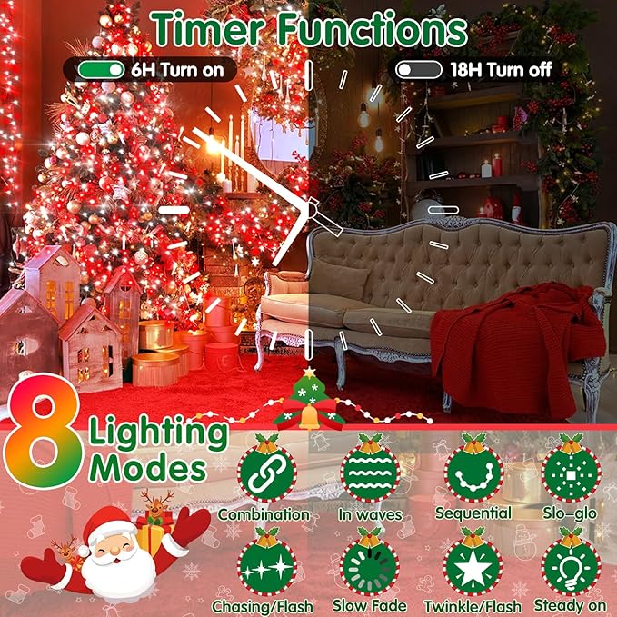 XURISEN 551FT 1400 LED Christmas Lights Outdoor Green Wire String Lights 8 Modes with Timer Memory Waterproof Fairy Light Plug in for Xmas Tree Wedding Yard Party Holiday Decorations(Red+White)