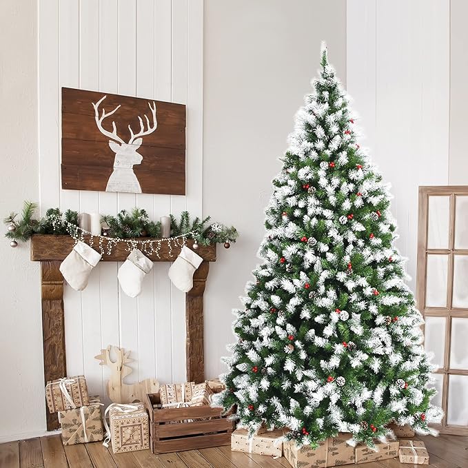 Happygrill 7.5ft Pre-lit Snowy Christmas Tree with 550 Warm White LED Lights & 1398 PVC Tips, 8 Lighting Modes, Hinged Artificial Tree for Residential Commercial Use