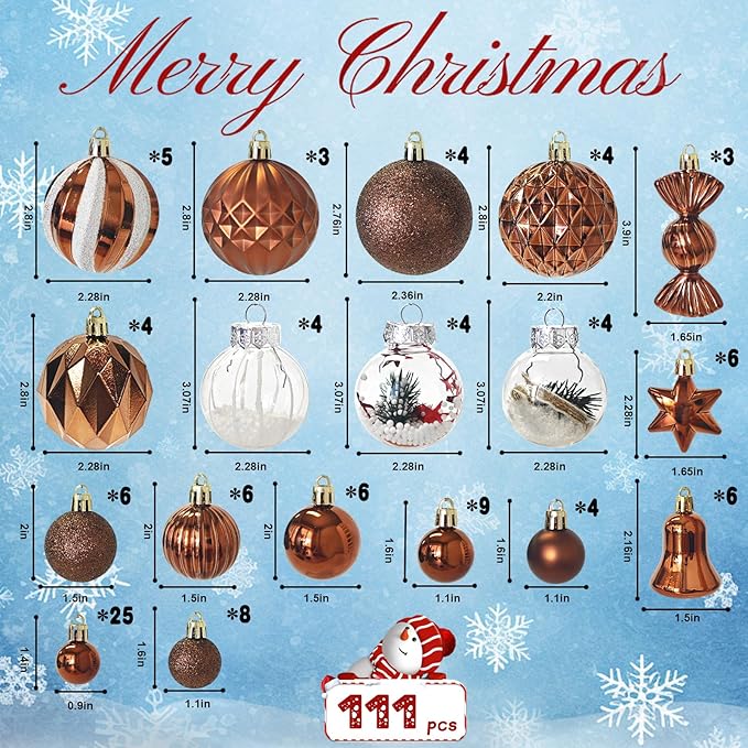 ILLUMINEW 111-Pack Christmas Balls Ornaments,Assorted Shatterproof Christmas Ornaments Set, Luxurious Hanging Pendants Package for Tree Party Holiday Indoor Decor