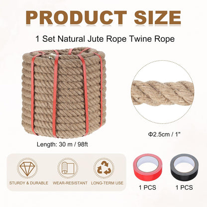 MECCANIXITY Jute Rope 1 Inch x 98ft, Thick Twine Rope Ropes Braided Jute Twine Natural Brown Burlap Cord String Heavy Twisted with Tapes for Decorative Crafts Railing Swing Tug of War