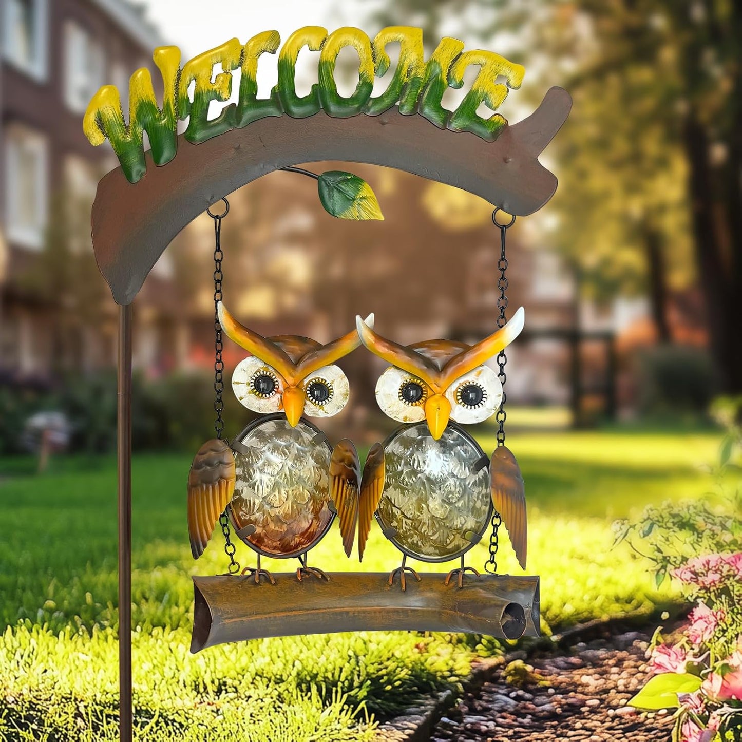 HONGLAND Solar Lights Outdoor Decor, Owl Swing Garden Decor, Owl Gifts for Women Mom, Whimsical Garden Lights Outdoor Decorations with Welcome Sign for Outside Patio Yard Lawn Decor-48inch