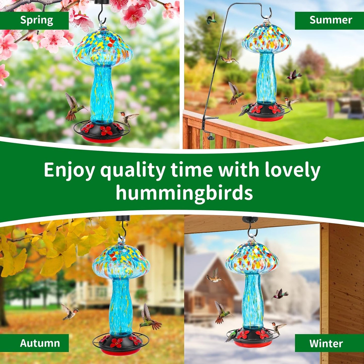 45 Ounce Large Capacity Hummingbird Feeders for Outdoors Hanging Ant and Bee Proof, Unique Hand Blown Glass Hummingbird Nectar Feeder, Gifts for Garden Decor Backyard, Blue Meteor Shower