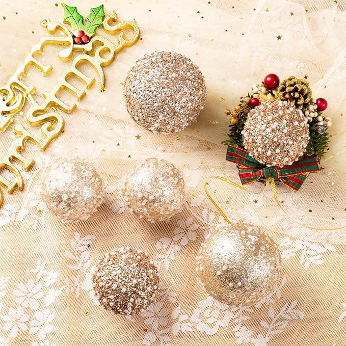 8CT Christmas Ball Ornaments, Champagne Christmas Ball Decorations Shatterproof Plastic Hanging Pearl Balls for Holiday Party(90mm/3.54")