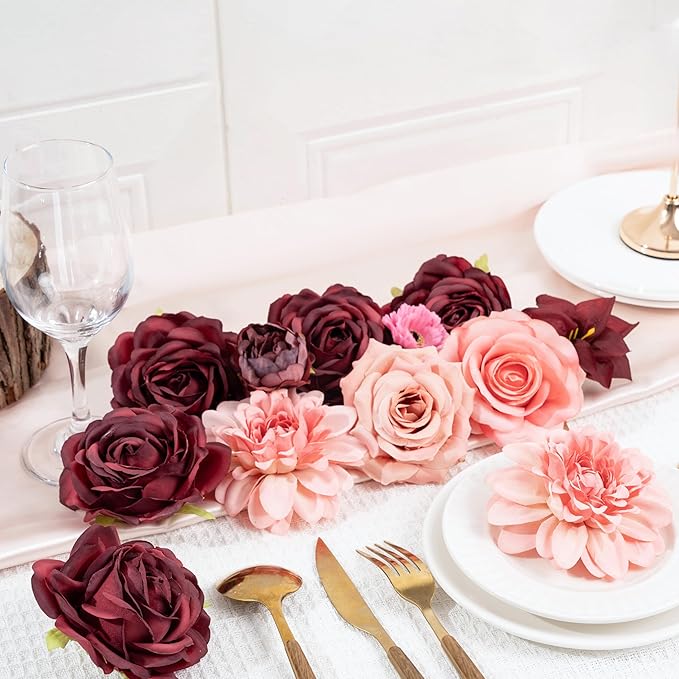 30 Pcs Artificial Flowers Combo Red Flowers Mix Silk Flowers Dahlia Roses with Stems for DIY Wedding Bridal Bouquets, Baby Shower, Floral Arrangement, Table Centerpieces, Home Decorations.