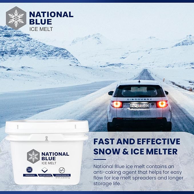 National Blue Snow Salt Ice Melt 20lb Bucket - Fast Acting Ice Melter - Pet, Plant and Concrete Friendly, Environmentally Safe - Free of Magnesium Chloride - Melts to -15°F