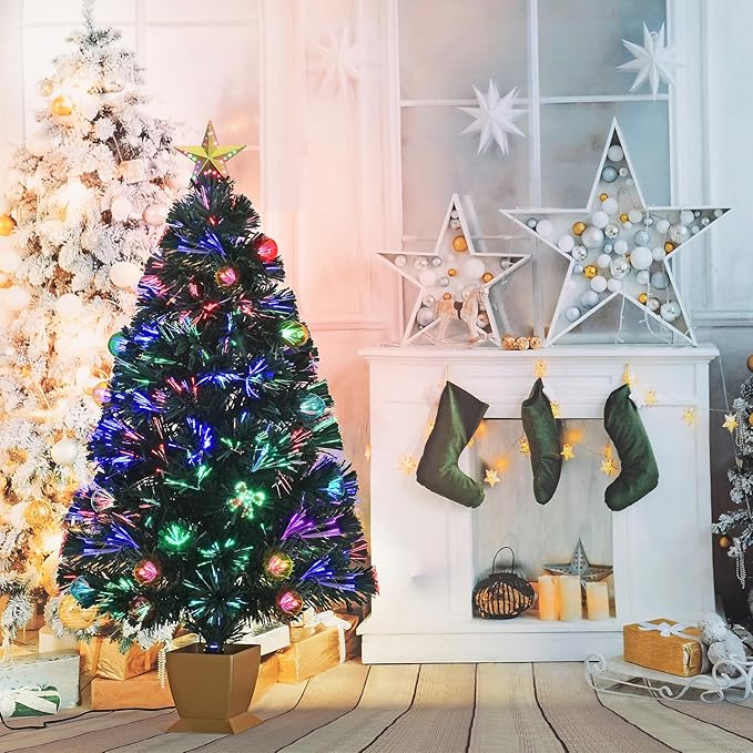 3ft Green Fiber Optic Christmas Tree,Prelit Artificial Tabletop mini Christmas Tree,Star,Butterfly and Ball Ornaments for Best Holiday Home Decorations