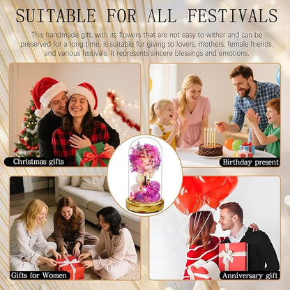 dranmoner Preserved Flower Glass Dome with LED Lights, Handmade Fantasy Purple Hydrangea and Roses Arrangement, Wood Base, for Mom Grandma Wife Friend Used as for Occasions Home Decor