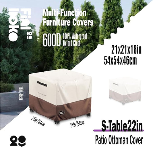 Patio Ottoman Cover,22"L x 22"W x 18"H Square Patio Dining Table Cover for Outdoor Furniture,100% Waterproof 600D Heavy Duty Outdoor Table Cover,Beige&Brow