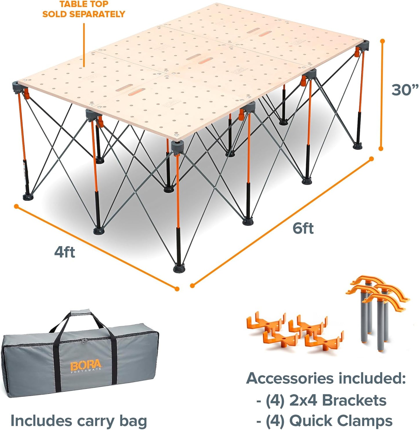 BORA Centipede CK12S 30 inch height Portable Work Stand, Includes 4 X-Cups, 4 Quick Clamps, Carry Bag, Portable Work Support Sawhorse, 4Ft x 6Ft, 30 inch work height, 4500lb weight capacity