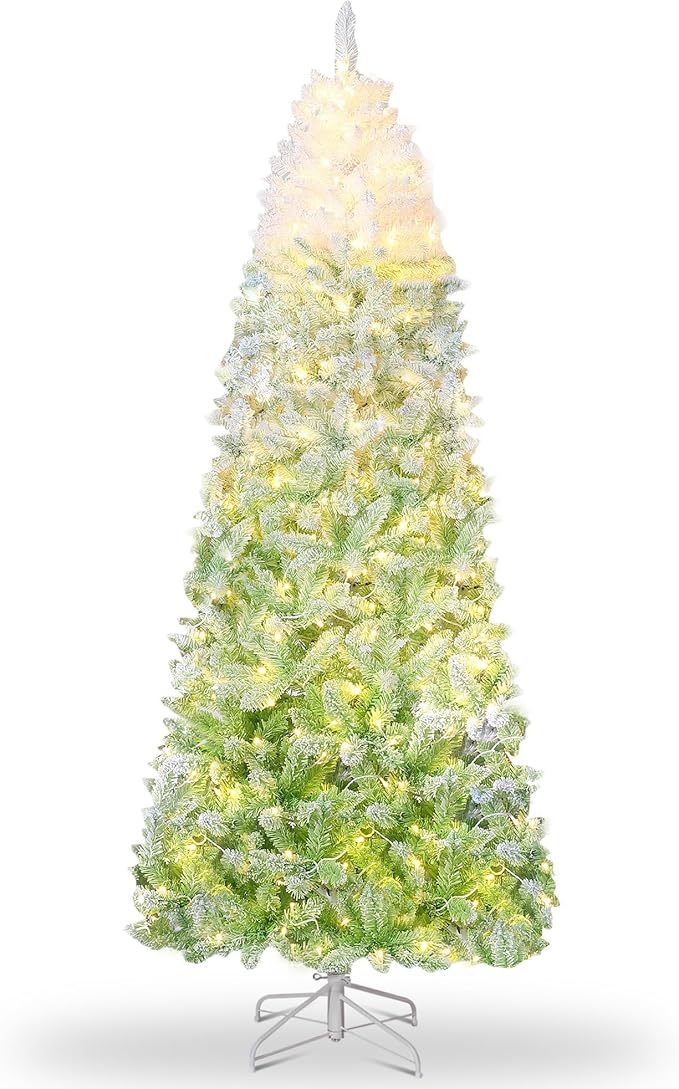 GAOMON 7.5Ft Pencil Christmas Tree Artificial Slim Xmas Trees Skinny Christmas Tree Decorations Fake Flockeds, White & Green Gradient