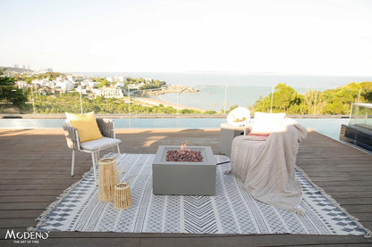 AMS Fireplace | Modeno Ridgefield Package | Light Gray Natural Gas Fire Pit Table for Outside Patio Bundle with Wind Guard, SS Burner Lid | Free Ice Bucket & Rubber Mat