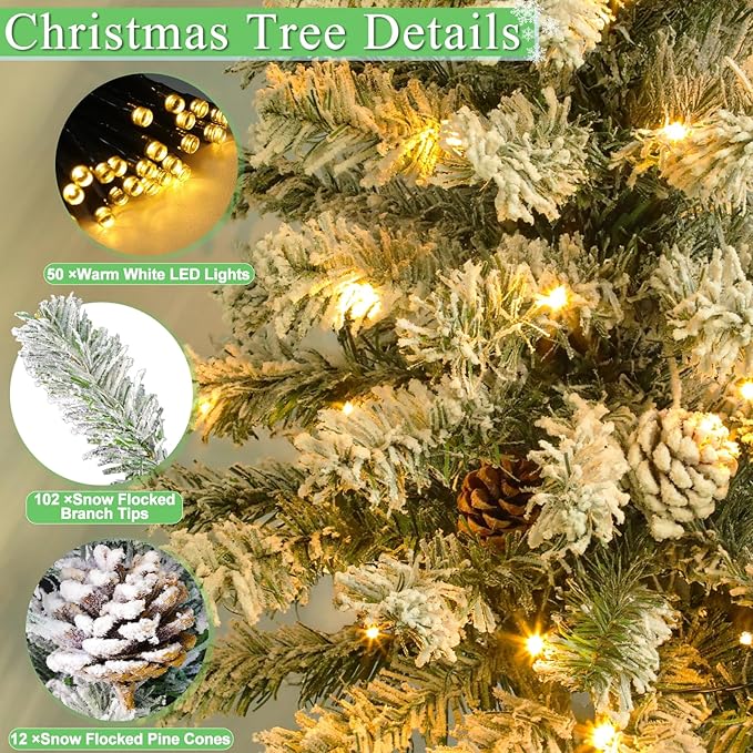 Timer - 3 Ft Artificial Mini Christmas Tree, Thick Snow Flocked Tabletop Christmas Tree with 50 Warm White Lights Battery Operated 102 Snowy Branches 12 Pinecones Burlap Base Xmas Decor Home Indoor