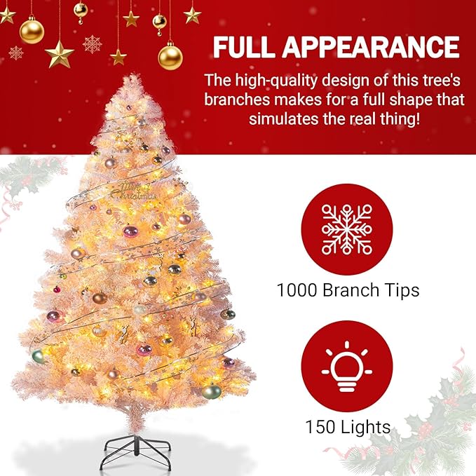 6ft Prelit Pink Artificial Christmas Tree with 150 Warm White LED Lights, Full Snow Flocked Xmas Tree Featuring 1000 Realistic Branch, Easy Hinged Assembly for Home Office Party Decoration