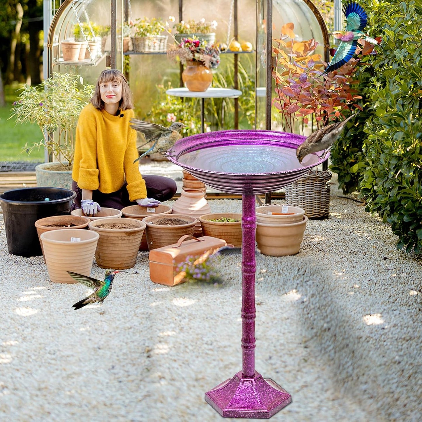 Metal Bird Bath for Outdoors, 28.4" Freestanding Garden Metal Birdbaths with Stable Upgrades Stake, Easy to Clean Birdfeeder for Outside Garden Yard Lawn Decor(Gradient Purple)