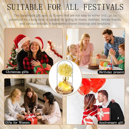 Preserved Flowers with LED Light, Yellow Hydrangea Tree and Rose,Wood Base,Christmas Rose Gifts for Valentine's Day, Mother's Day, Anniversary,for Mom Grandma Wife Friend Used as for Occasions