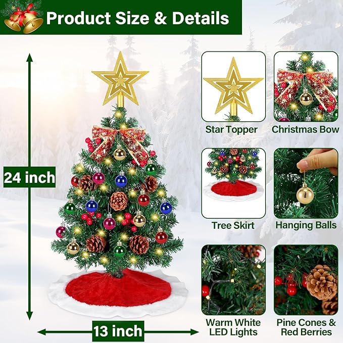 24 Inch Small Tabletop Christmas Tree with Tree Skirt, Christmas Pine Tree with 50 LED Lights, Star Treetop and Ornaments, Artificial Mini Christmas Tree Home Table Christmas Decorations