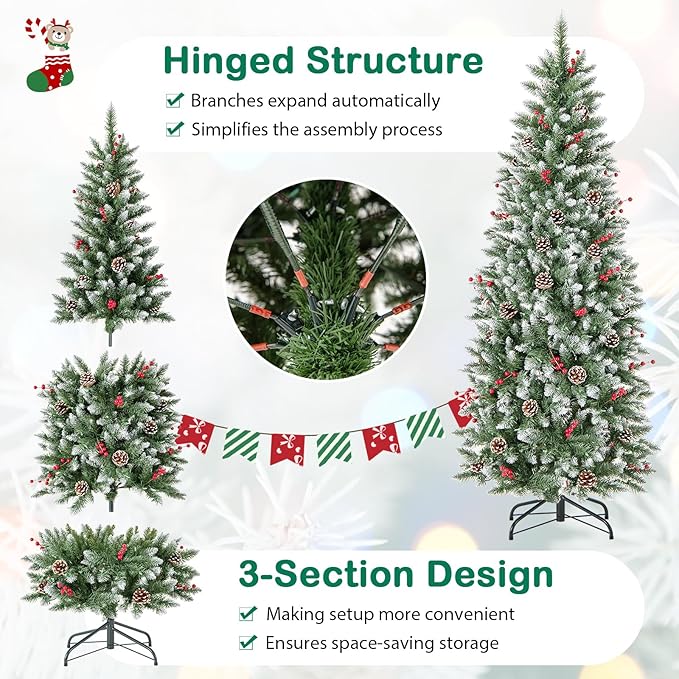 GOFLAME 6FT Pre-Lit Pencil Christmas Tree, Artificial Xmas Tree with 618 Branch Tips, 33 Pine Cones, 32 Clusters of Red Berries & 280 Warm White LED Lights, Holiday Decoration Tree for Home Party