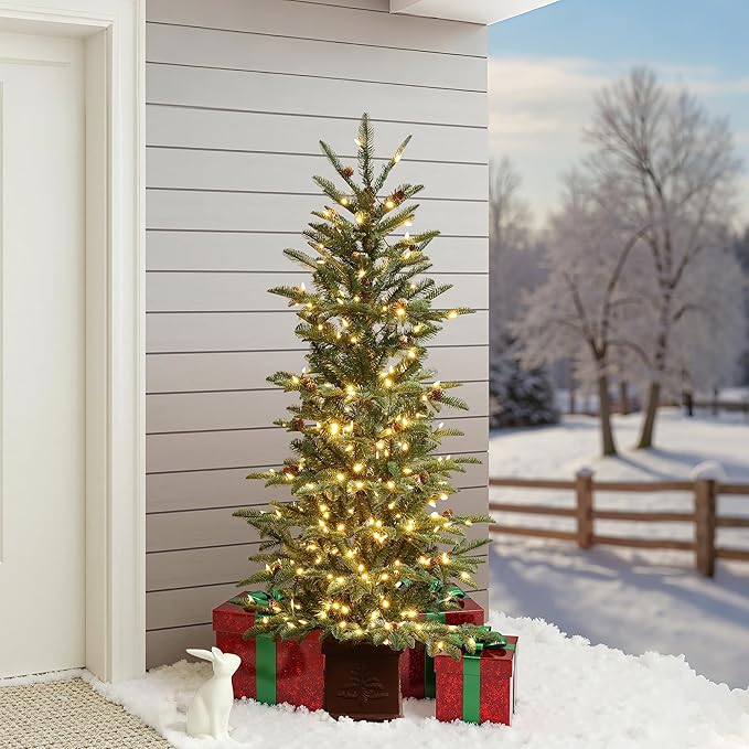 LuxenHome 5FT Potted Christmas Trees, Small Christmas Tree with 300 Warm White LED Lights, Slim Christmas Tree Pre-lit with Pine Cone and Brown Square Base, Artificial Trees for Holiday Decorations