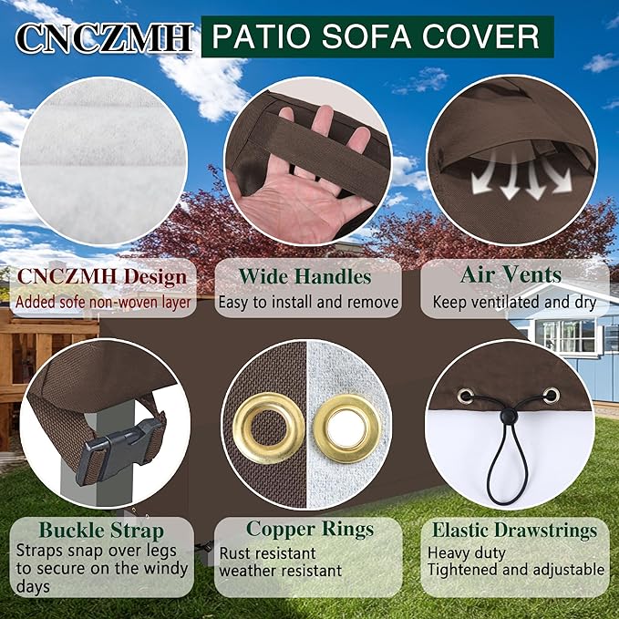 Heavy Duty Patio Sofa Covers Waterproof, Outdoor 3-Seater Couch Cover Waterproof, 600D Outdoor 2-Seater Loveseat Furniture Covers with Air Vent Handle 88''W x 35''D x 24''H/ 35''H Brown