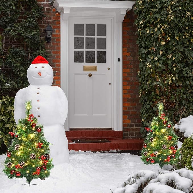 Happygrill Set of 2 29 inch Outdoor Pathway Christmas Trees, Pre-Lit Christmas Trees with 30 LED Lights, 8 Light Modes, Porch Christmas Trees for Holiday Decoration