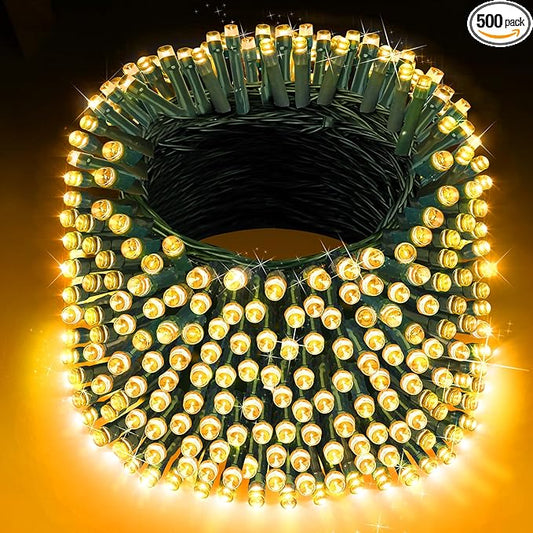 XURISEN Christmas Lights Outdoor 197FT 500 LED Green Wire String Lights 8 Modes with Timer Memory Waterproof Fairy Light Plug in for Xmas Tree Wedding Yard Party Holiday Decorations(Warm White)