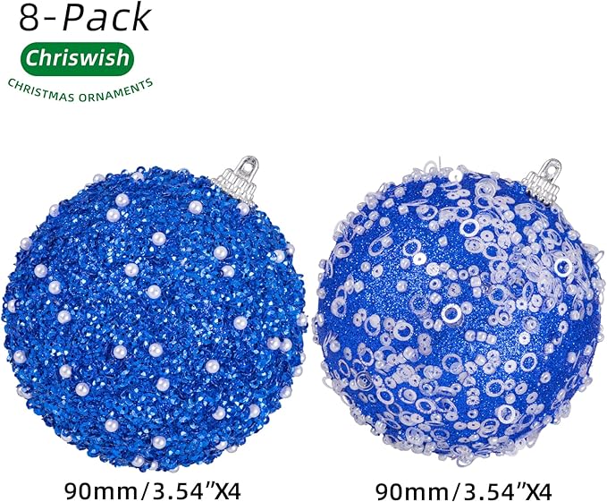 Royal Blue Christmas Ball Ornaments, Christmas Ball Decorations Shatterproof Plastic Hanging Pearl Balls for Holiday Party(90mm/3.54", 8ct)