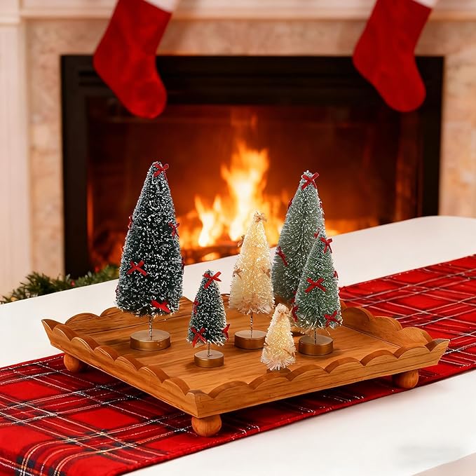 6 Pack Mini Christmas Trees, Small Miniature Frosted Bottle Brush Christmas Tree Decorations Tiny Tabletop Sisal Trees with Bows for Tiered Tray Mantel Winter Village Holiday Décor Assorted Sizes