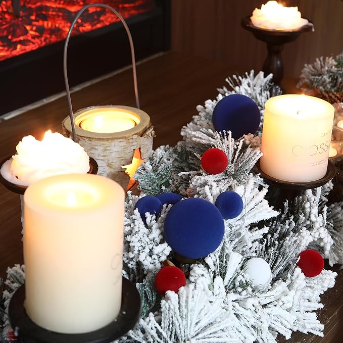 Sea Team 64-Pack Miniature Flocked Velvet Christmas Tree Ball Ornaments Set, Hanging Velour Baubles, Shatterproof Plastic Decorations for Xmas Tree, Wreath, Garland, 30mm/1.18 Inches, US Flag