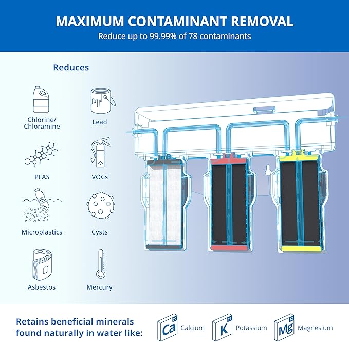 Aquasana Under Sink Water Filter | 3-Stage Filtration | Certified to Reduce up to 99.99% of PFAS, Lead, Chlorine, & More | Under Counter Drinking Water Filter | Brushed Nickel Faucet | AQ-6300-BN