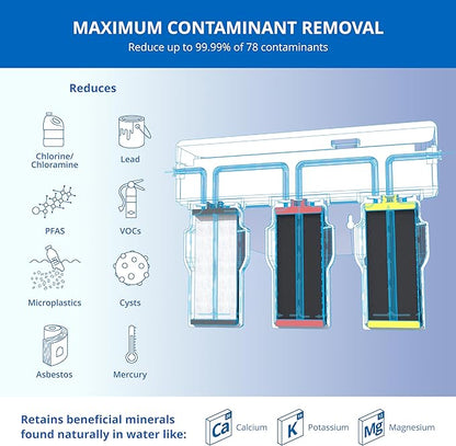 Aquasana Under Sink Water Filter | 3-Stage Filtration | Certified to Reduce up to 99.99% of PFAS, Lead, Chlorine, & More | Under Counter Drinking Water Filter | Brushed Nickel Faucet | AQ-6300-BN
