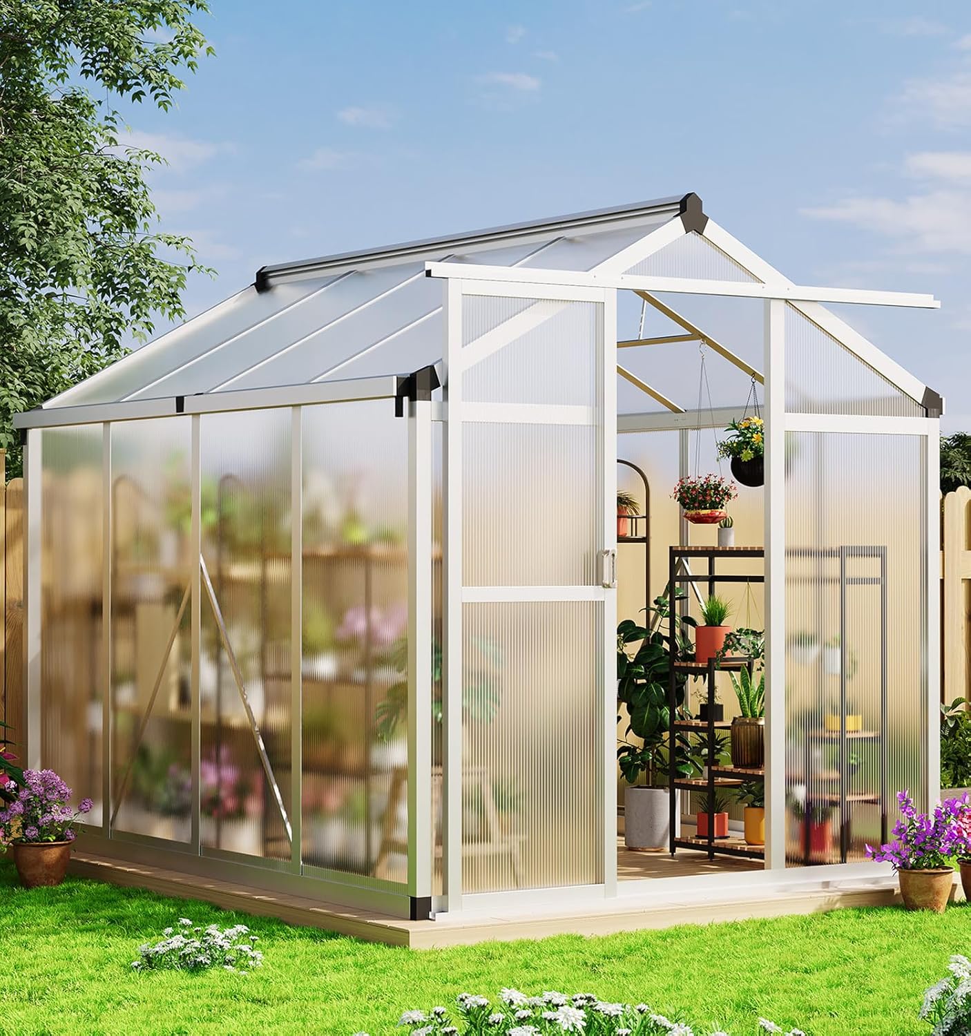 6x8 FT Greenhouse, Large Aluminum Greenhouses for Outdoors, Heavy Duty Polycarbonate Greenhouse with Roof Vent, Walk-in Green Houses for Winter Garden, Backyard, Patio, Lawn, Easy Assembly