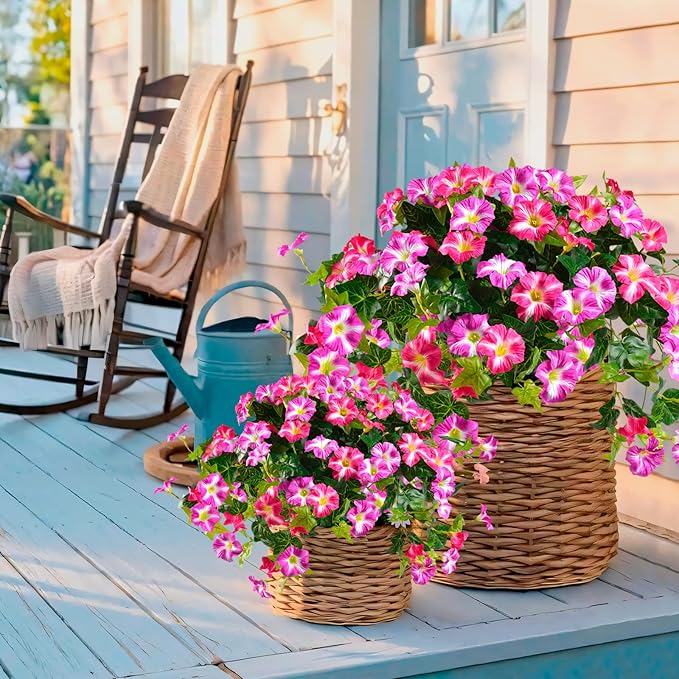 Artificial Flowers for Outdoors 2 Pack UV Resistant Petunias with Real Touch Plastic Leaves, Faux Flowers for Outdoor Planters, Silk Flowers for Outside Garden Porch Window Patio Home Decor, Fuchsia
