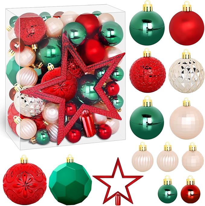TranquilBliss 50 Pcs Christmas Ornaments Set with Strings, Christmas Ball Ornaments Set with Hanging Strings, Shatterproof Christmas Decorations Ornaments for Xmas Tree (Red and Green)