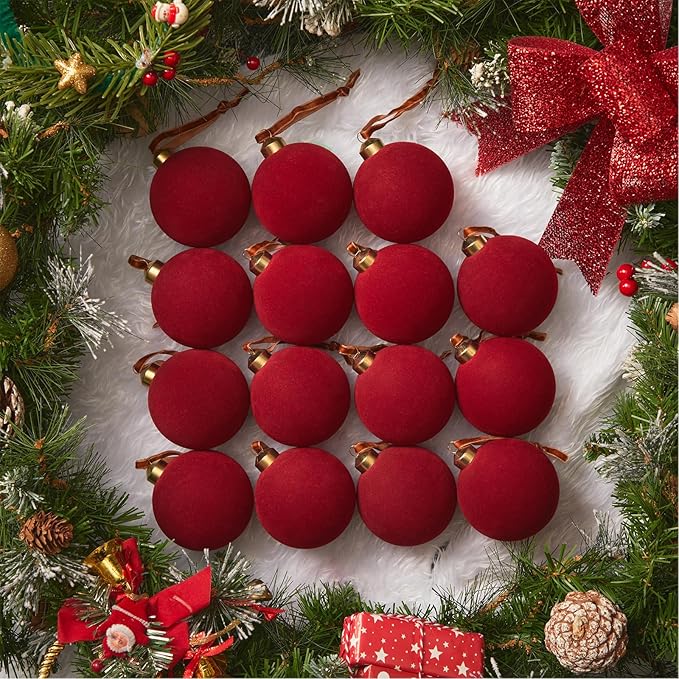 Brightown 15 Pcs Red Velvet Christmas Balls, 2.36 Inch Velvet Ornaments for Christmas Tree, Christma Tree Flocked Ornaments Balls for Family Holiday Wedding Party Xmas Hanging Decoration