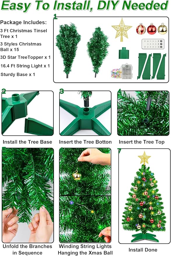 3 Ft Green Tinsel Christmas Tree Dual Color Change 12 Modes Timer DIY 50 Warm White & Multicolor Lights Star 15 Ball Ornaments Small Artificial Full Xmas Tree Battery Operated Table Home Indoor