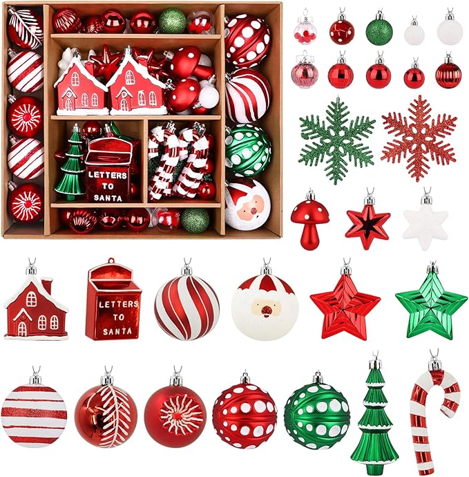 SHareconn 80ct Christmas Balls Ornaments Set, Shatterproof Plastic Colorful Xmas Decorative, Baubles for Tree Decorations with Hanging Strings, Red, Green & White