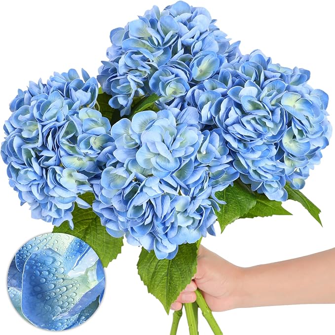 Nubry 22.44In Blue Hydrangea Artificial Flowers,4Pcs Latex Faux Real Touch Large Hydrangea Flowers with Long Stems & Leaves for Home Office Decor Wedding Party Arrangements(Blue)