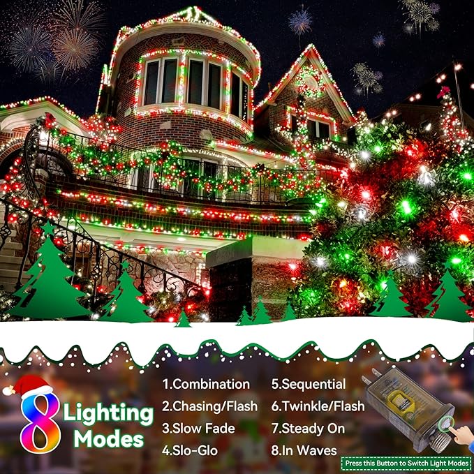 Heceltt Christmas Lights Outdoor, 522FT 1300 LED String Lights with 8 Lighting Modes &TimerTwinkle Fairy Lights Waterproof Plug in for Xmas Tree Wedding Party Holiday Decor(Red Green and White)