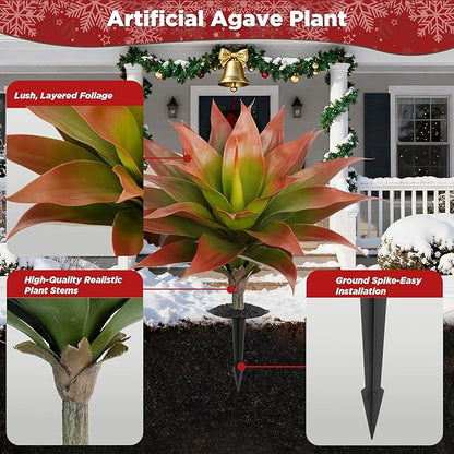24 Inch Red Artificial Agave Plant with Ground Stake, Realistic Faux Succulents for Home Decor, UV-Resistant Fake Agave Plant for Indoor Outdoor Planters, Porch, Patio, Balcony, Poolside, 2 Pack