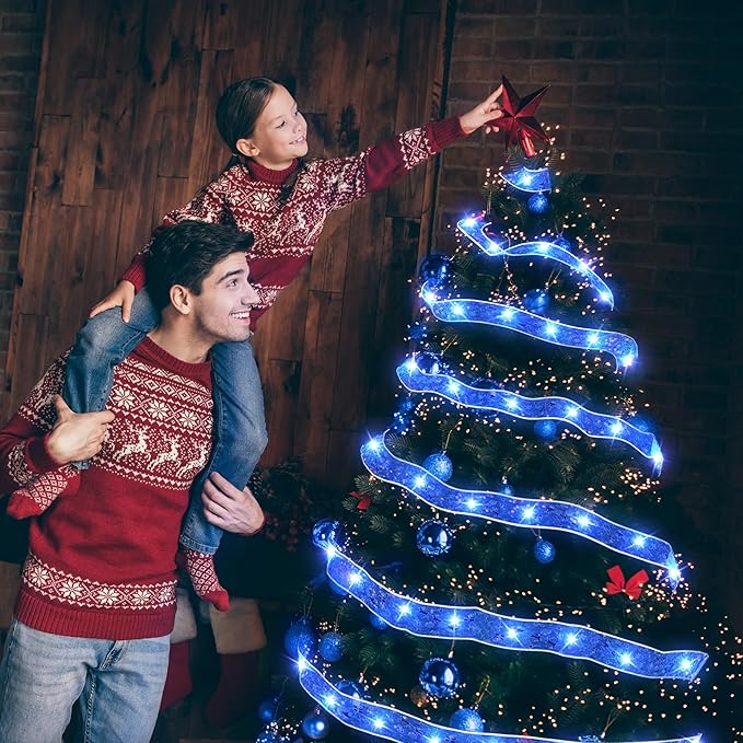 Christmas Decorations - 2.5Inch x 66Ft 200 Led Christmas Tree Ribbon Lights with 8 Lighting Modes, Battery Operated & USB Powered Fairy String Lights with Timer for Xmas Tree Decor