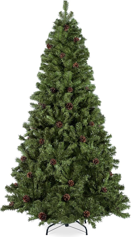 Best Choice Products 6ft Pre-Decorated Holiday Christmas Tree for Home, Office, Party Decoration w/1,000 Tips, Pinecones, Metal Base – Green