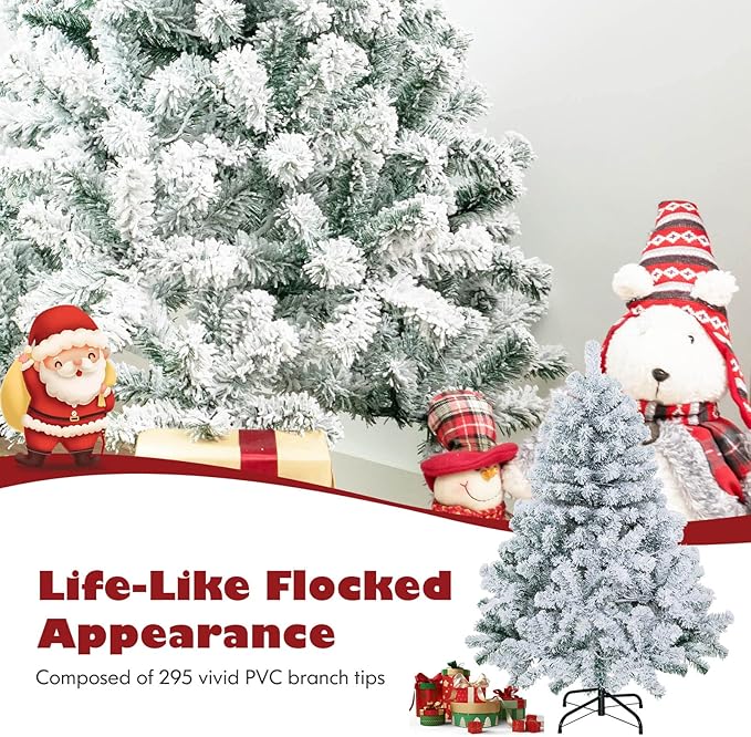 HAPPYGRILL 4.5 FT Pre-Lit Snow Flocked Christmas Tree, Artificial Hinged Xmas Tree with 150 LED Lights, 295 Branch Tips, PVC Leaves, Metal Stand, Xmas Holiday Decor for Office Home