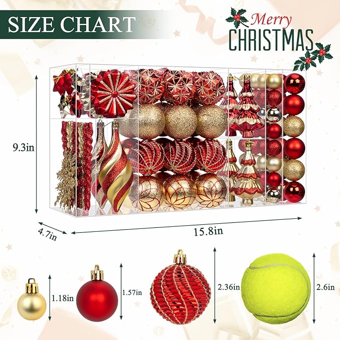 108 Pcs Christmas Ball Ornaments Set, Red and Gold Shatterproof Hand-Painted Hanging Bulbs Bulk, Decoration for Xmas Tree, Wreath, Garland, Home Holiday Decor
