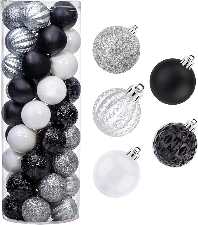 45Pcs 6cm Christmas Glitter Ball Ornaments, Shatterproof Plastic Xmas Tree Decorations for Holidays, Weddings, Parties - Black, White, Silver
