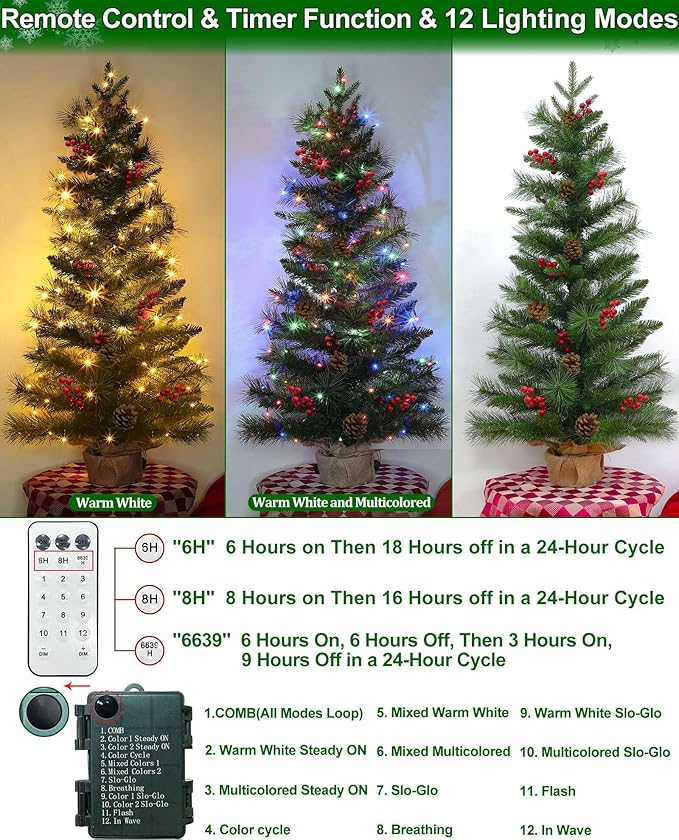 Dual Color Change&Remote Control 3Ft Realistic-Feel PE Artificial Christmas Tree with Lights,50 Warm White&Colors Lights,12 Mode Timer,Red berry Pine Small Mini Norfolk Tree Burlap Base Tabletop Decor