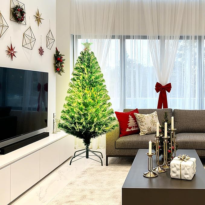 4FT Pre-lit Fiber Optic Christmas Tree with Lighted Star, PVC & Iron Construction, Green Artificial Christmas Tree with 141 Branch, Indoor Christmas Decorations, Holiday Home Xmas Decoration