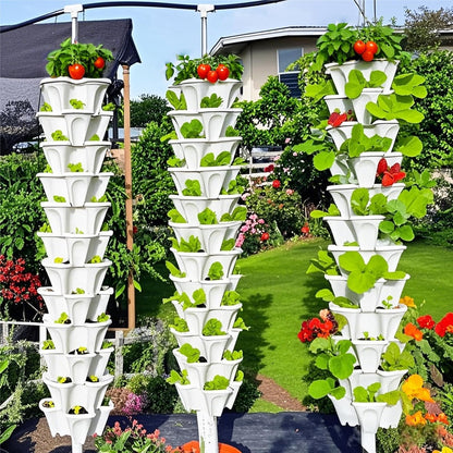 Strawberry Planters, 7 Tiered Vertical Stackable Planter, Herb Stacking Tower Garden, Flower and Vegetable Planters with Support Pole Indoor and Outdoor with Removable Wheels - White