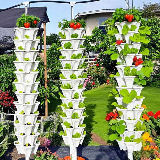 Strawberry Planters, 7 Tiered Vertical Stackable Planter, Herb Stacking Tower Garden, Flower and Vegetable Planters with Support Pole Indoor and Outdoor with Removable Wheels - White
