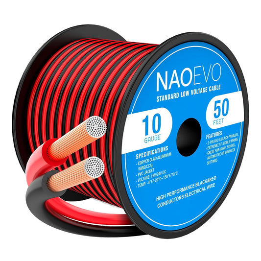 NAOEVO 10 Gauge Wire 50FT, 2 Conductors Electrical Wire Red Black Cable, Flexible/Low Voltage/PVC 10 AWG Copper Clad Aluminum Extension Cord for Speaker, LED Strips, Automotive 12V/24V DC