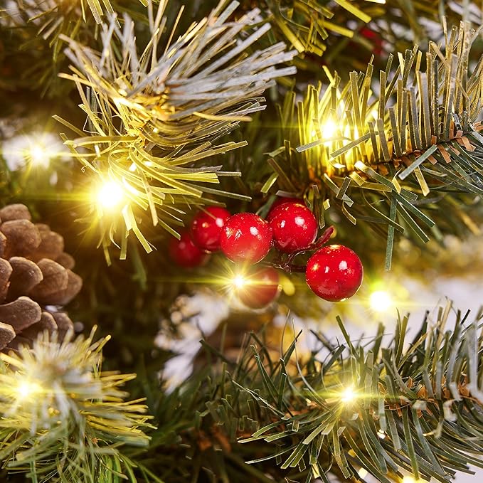 Yaheetech Set of 2 Pre-Lit Artificial Mini Christmas Tree, 3ft Frosted Tabletop Small Christmas Tree with LED Lights, Red Berries & Natural Pinecones for Holiday Decoration